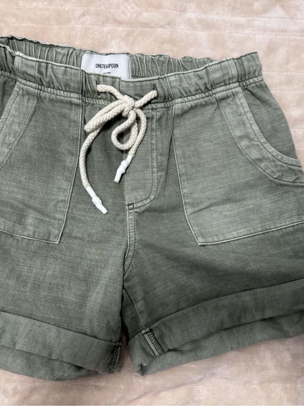 One Teaspoon Olive Drawstring Linen-Blend Shorts XS